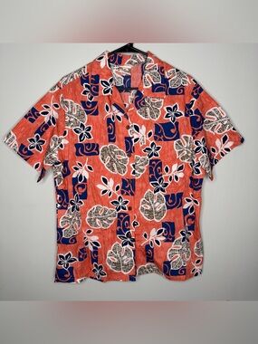 GO BAREFOOT Womens Hawaiian S/S Button Shirt XL Orange Blue Floral Tropical
